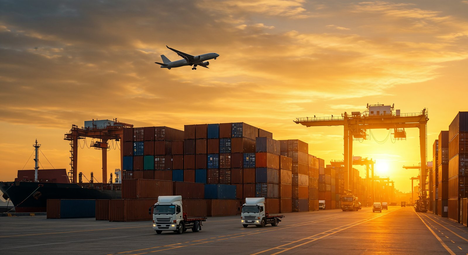 shipping-port-sunset-cargo-airplanes-trucks